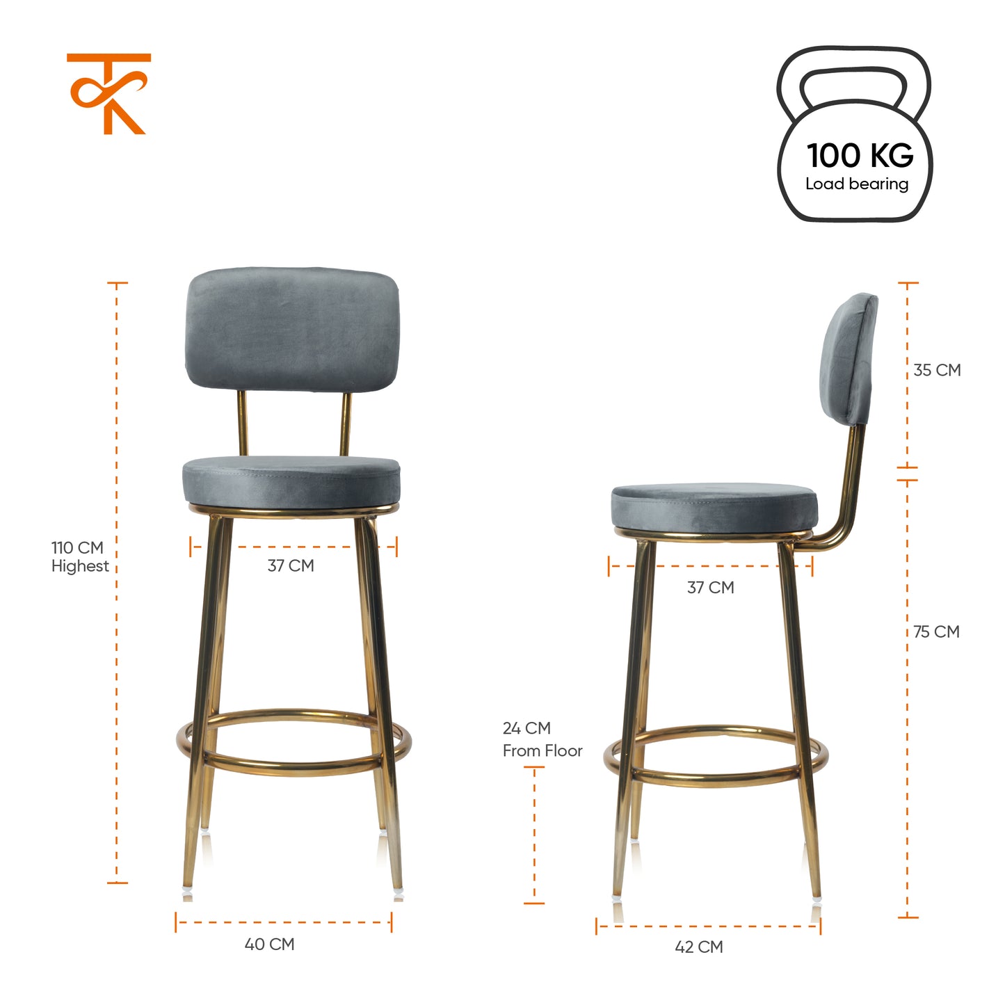 Chakra Bar Chair-Velvet Bar stool (Grey)