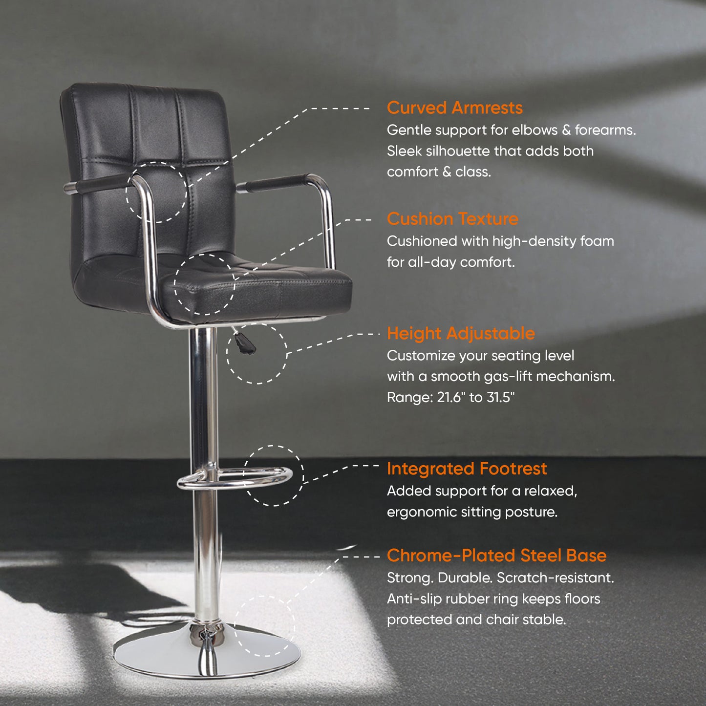 Fluffy Bar Chair - Modern Adjustable Height Barstool with 360° Swivel Seat & Footrest - For Home Kitchen, 6-Month Warranty Black (Pack of 2)