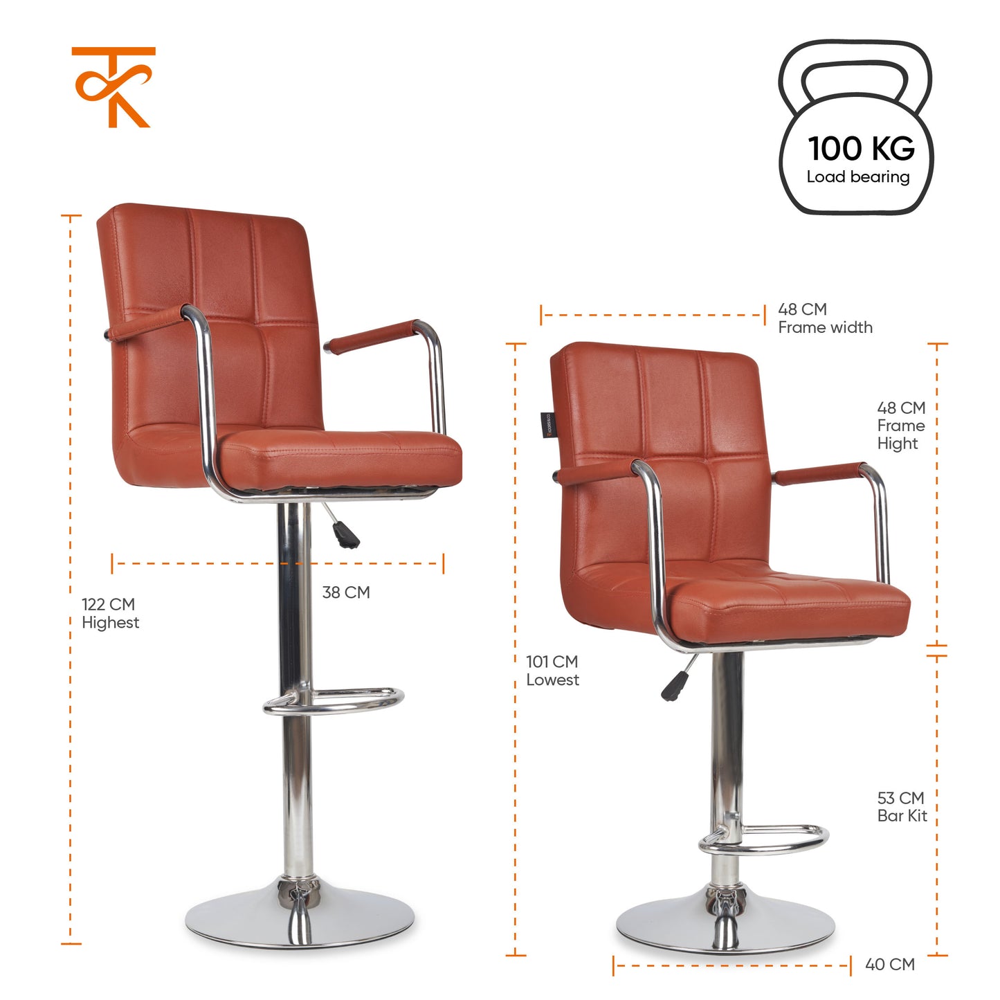 Fluffy Bar Chair - Modern Adjustable Height Barstool with 360° Swivel Seat & Footrest - For Home Kitchen, 6-Month Warranty - Brown (Pack of 2)