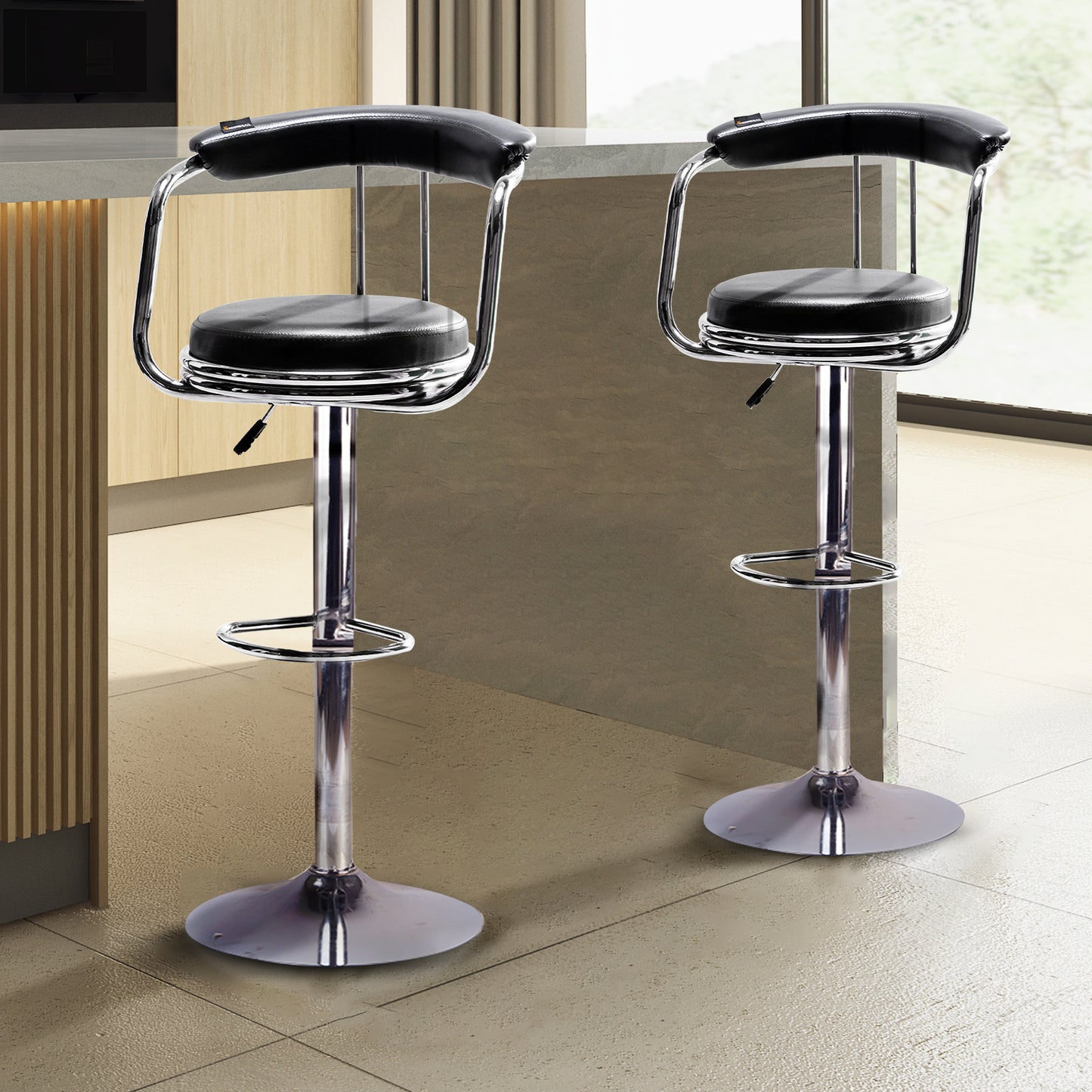 KBC Bar Chair – Adjustable High Barstool with 360° Swivel, Leatherette Upholstery & Chrome Base – For Kitchen, Pubs, Office– 6 Months Warranty- Black (Pack of 2)