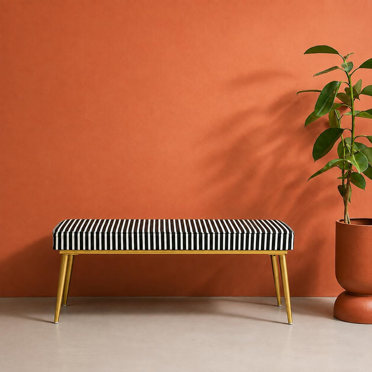 Retro Dining Bench | Stylish Velvet Upholstery Bench with Black & White Striped Seat & Gold Finish Legs | Dining Room, Bedside, Entryway & Living Room Seating