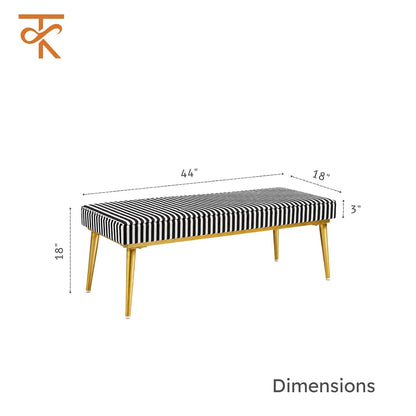 Retro Dining Bench | Stylish Velvet Upholstery Bench with Black & White Striped Seat & Gold Finish Legs | Dining Room, Bedside, Entryway & Living Room Seating