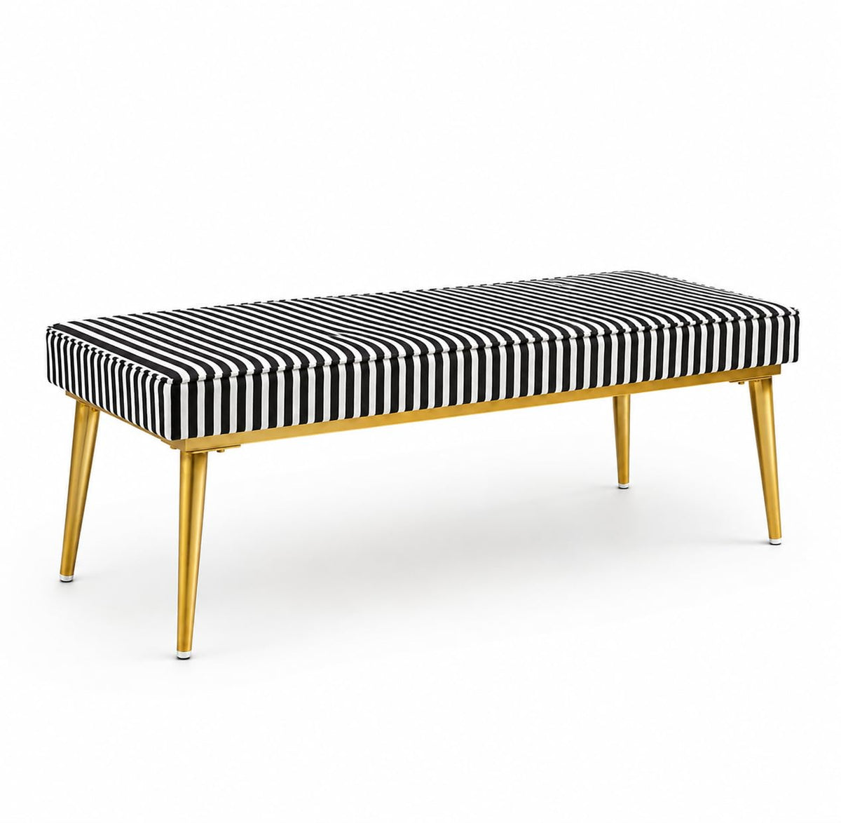 Retro Dining Bench | Stylish Velvet Upholstery Bench with Black & White Striped Seat & Gold Finish Legs | Dining Room, Bedside, Entryway & Living Room Seating