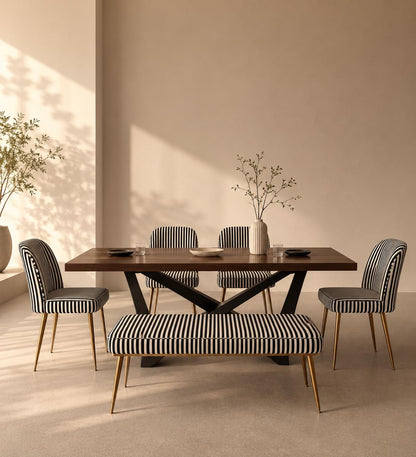 Retro Dining Bench | Stylish Velvet Upholstery Bench with Black & White Striped Seat & Gold Finish Legs | Dining Room, Bedside, Entryway & Living Room Seating