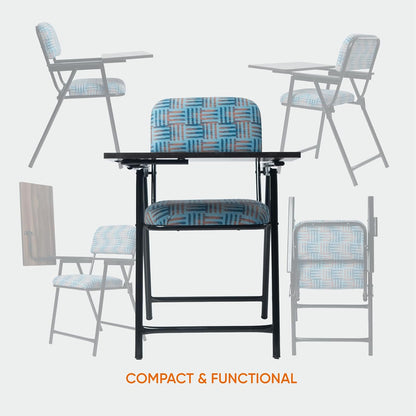 Folding Study Chair with Writing Pad & Cushion , with Heavy Duty Metal Ergonomic, Compact Reading Chair for Students & Adults , 6-Month Warranty (Blue)