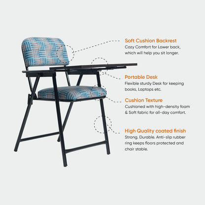Folding Study Chair with Writing Pad & Cushion , with Heavy Duty Metal Ergonomic, Compact Reading Chair for Students & Adults , 6-Month Warranty (Blue)