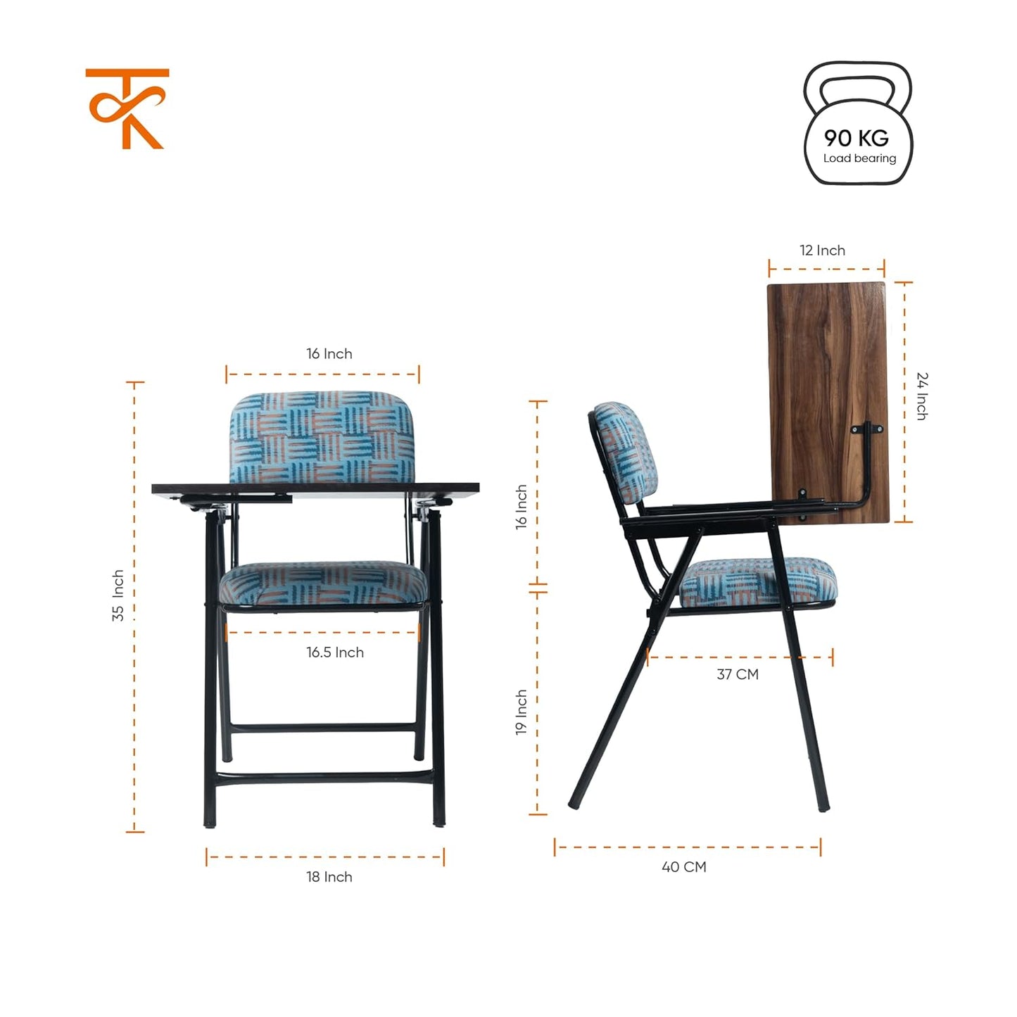 Folding Study Chair with Writing Pad & Cushion , with Heavy Duty Metal Ergonomic, Compact Reading Chair for Students & Adults , 6-Month Warranty (Blue)