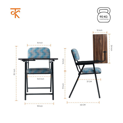 Folding Study Chair with Writing Pad & Cushion , with Heavy Duty Metal Ergonomic, Compact Reading Chair for Students & Adults , 6-Month Warranty (Blue)
