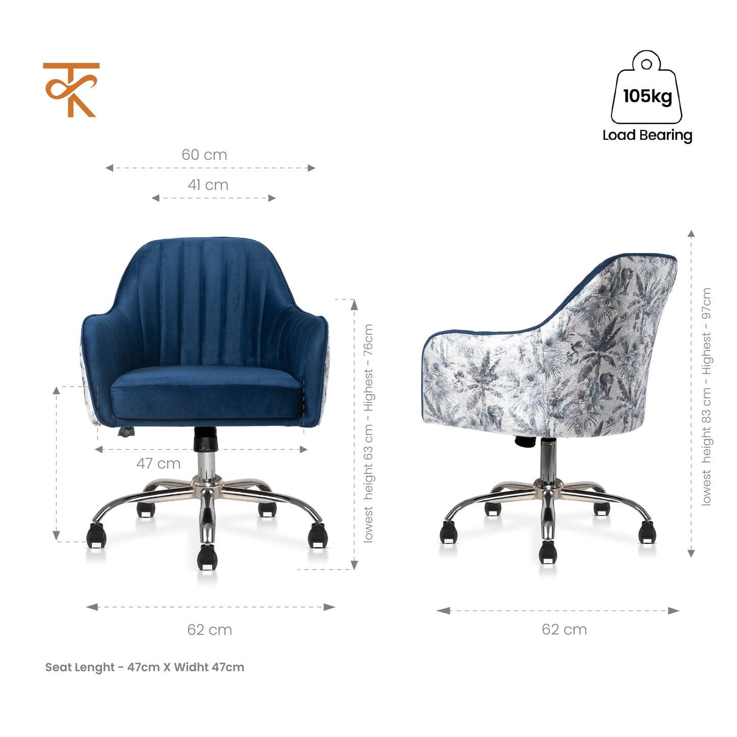 Sherni Accent Chair For Office - Adjustable Height, Tilt Lock, 360° Swivel, Heavy Duty Metal Base (Sapphire Blue)