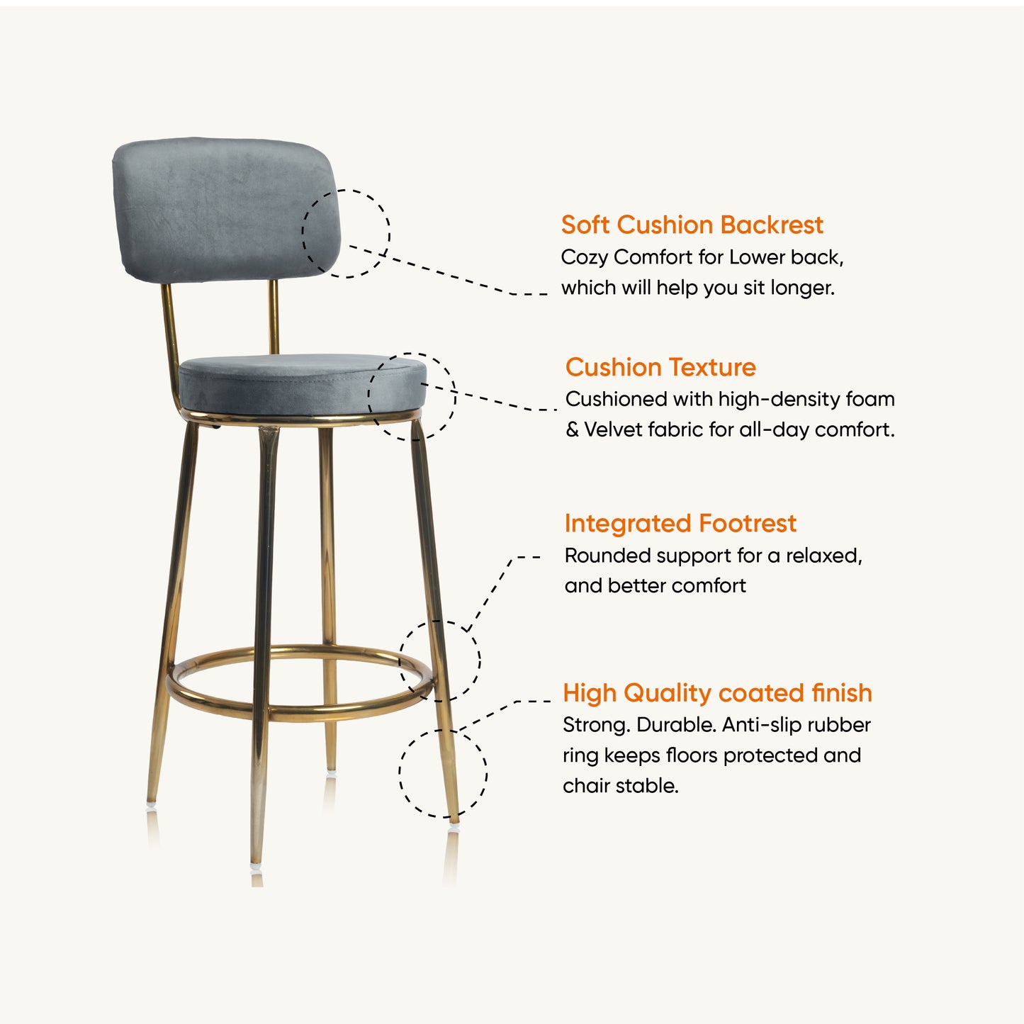 Chakra Bar Chair-Velvet Bar stool (Grey)