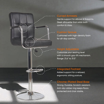 Fluffy Bar Chair - Modern Adjustable Height Barstool with 360° Swivel Seat & Footrest - For Home Kitchen, 6-Month Warranty Black (Pack of 2)