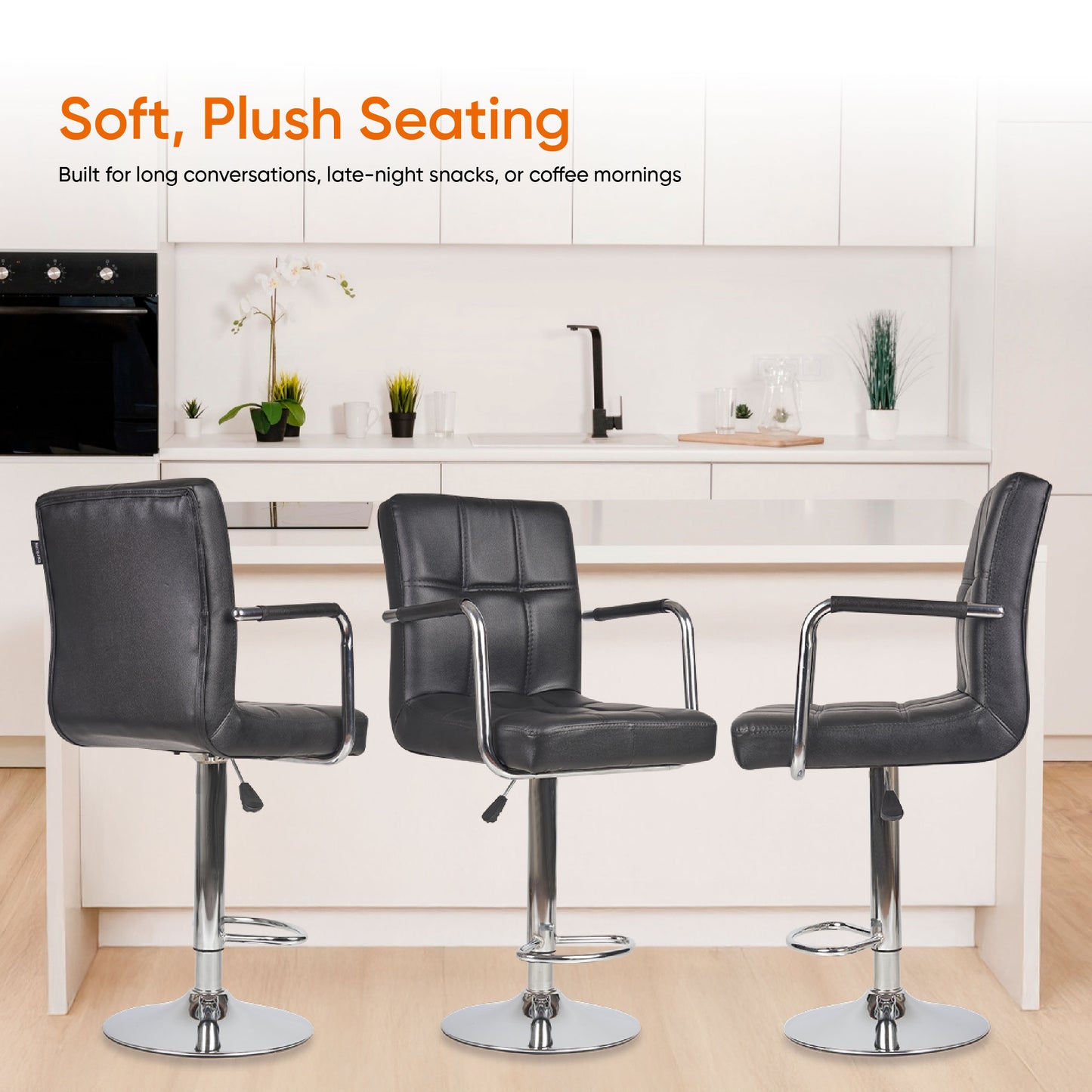 Fluffy Bar Chair - Modern Adjustable Height Barstool with 360° Swivel Seat & Footrest - For Home Kitchen, 6-Month Warranty Black (Pack of 2)