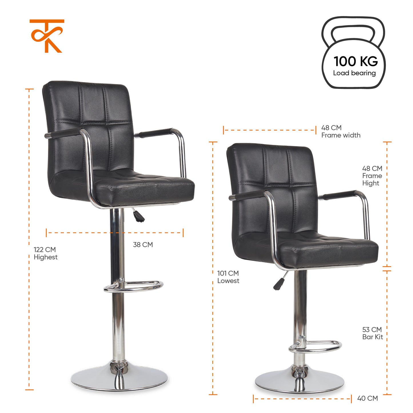 Fluffy Bar Chair - Modern Adjustable Height Barstool with 360° Swivel Seat & Footrest - For Home Kitchen, 6-Month Warranty Black (Pack of 2)