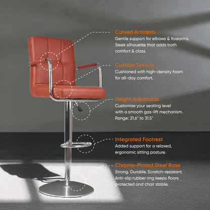 Fluffy Bar Chair - Modern Adjustable Height Barstool with 360° Swivel Seat & Footrest - For Home Kitchen, 6-Month Warranty - Brown (Pack of 2)
