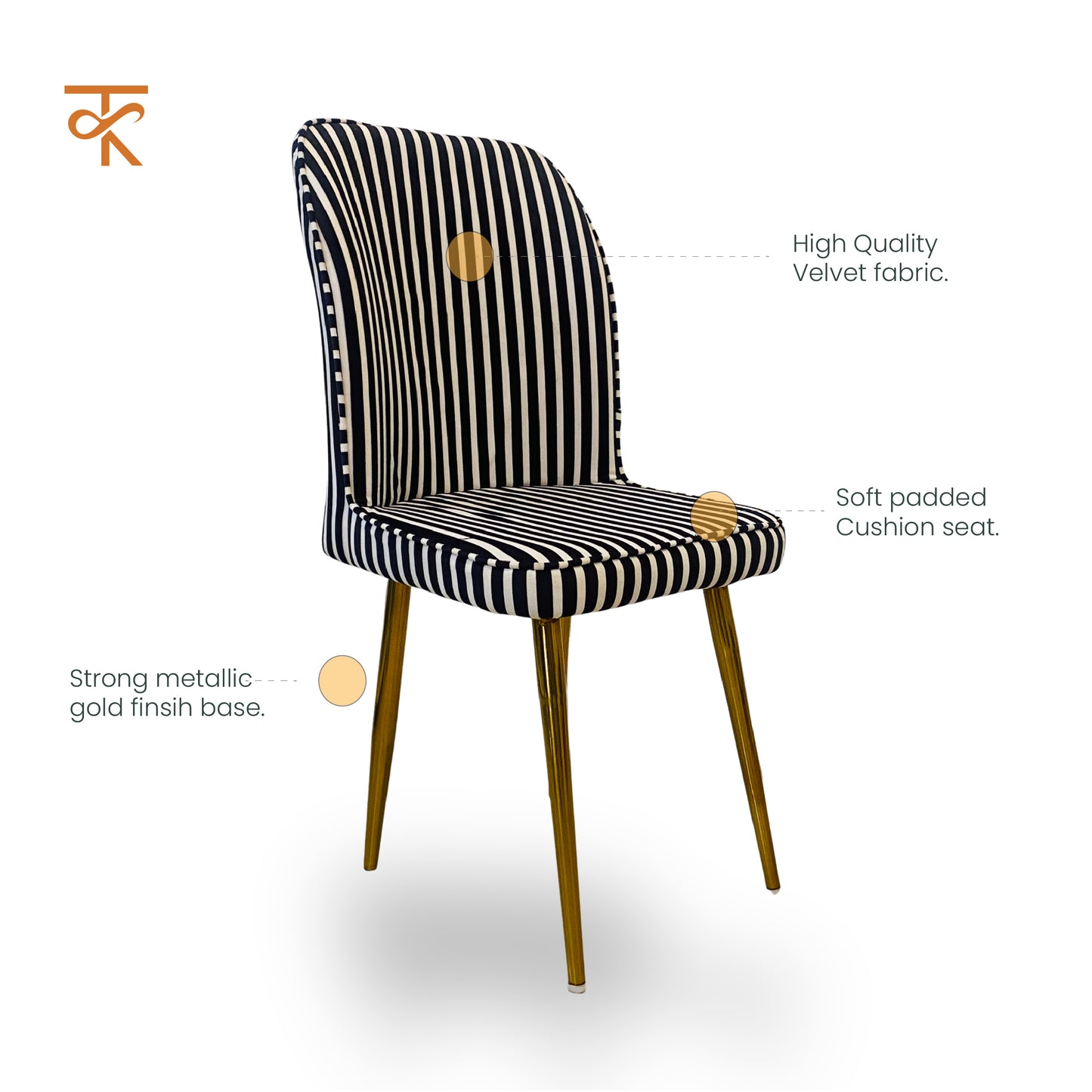 Ikai Retro Premium Dining Chair Modern Velvet Accent Chair for Living Room, Bedroom & Dining with Heavy-Duty Black coated Legs , 6 Months Warranty, Black & White   (Pack 1)