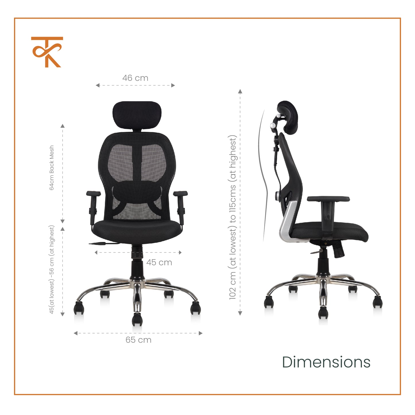 Matrix High Back Office Chair product measurements 