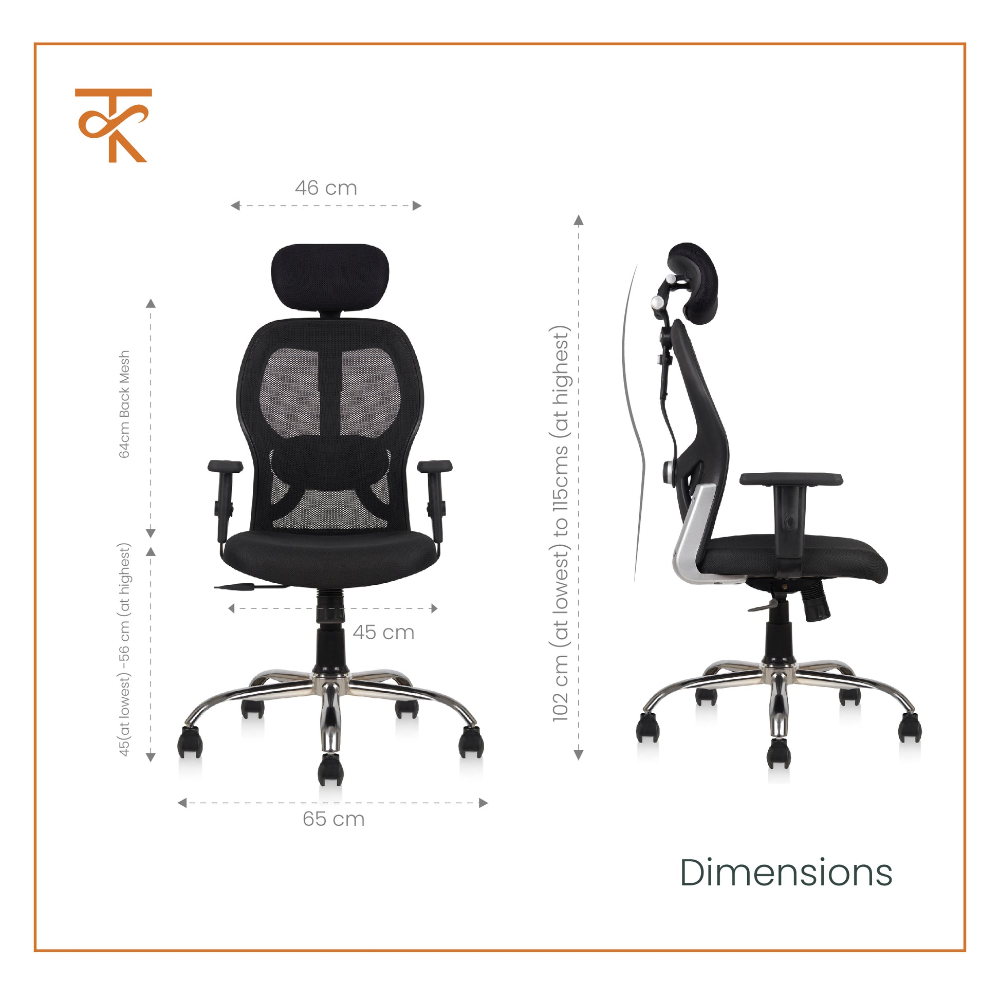 Matrix High Back Office Chair product measurements 