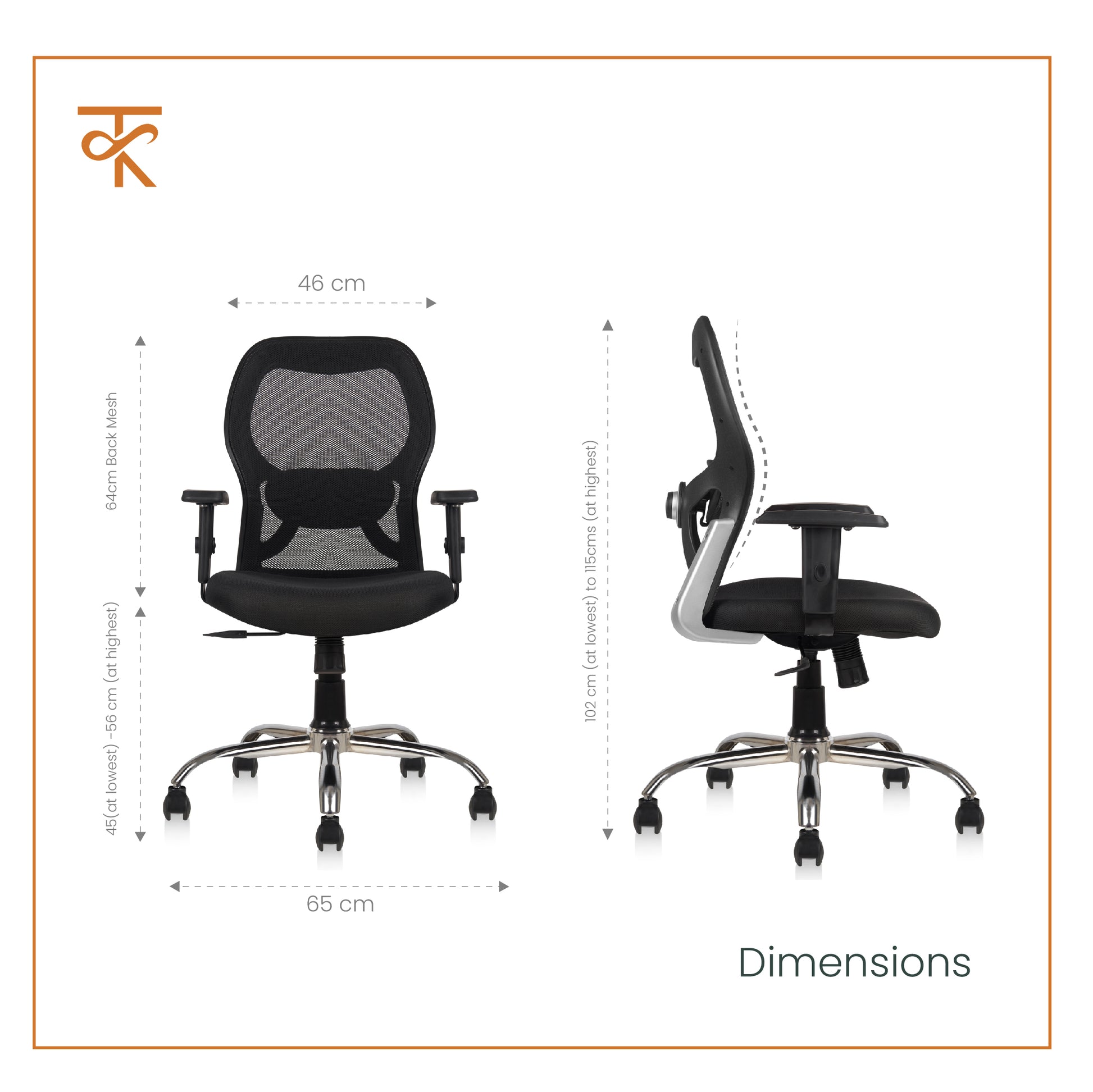 Matrix Mid Back Office Chair product measurements 