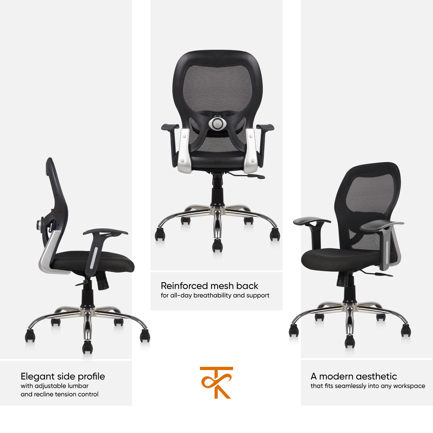 Matrix Mid Back Mesh Office Chair - Ergonomic with Fixed Armrest & Tilt Lock, Height Adjustable, 6 Months Warranty (Black)