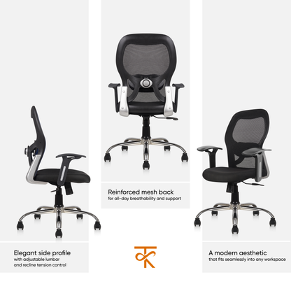 Matrix Mid Back Mesh Office Chair - Ergonomic with Fixed Armrest & Tilt Lock, Height Adjustable, 6 Months Warranty (Black)