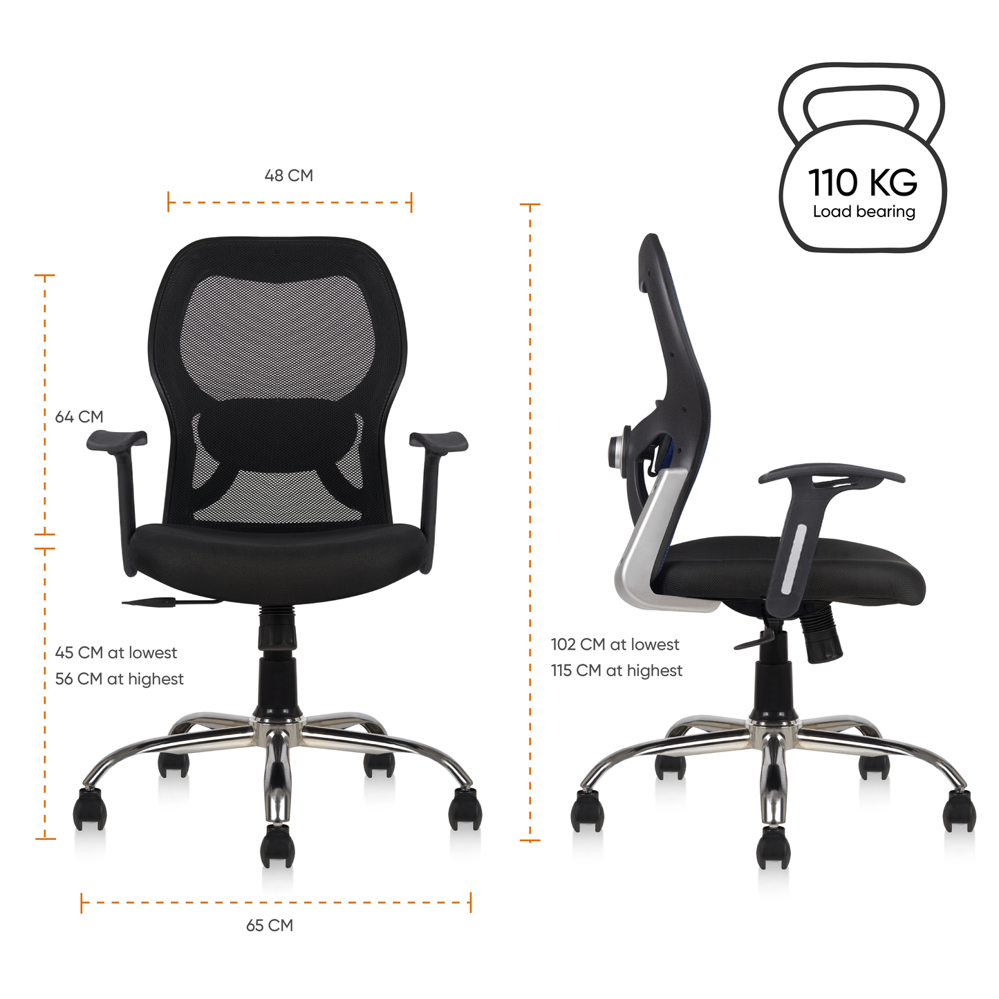 Matrix Mid Back Mesh Office Chair - Ergonomic with Fixed Armrest & Tilt Lock, Height Adjustable, 6 Months Warranty (Black)