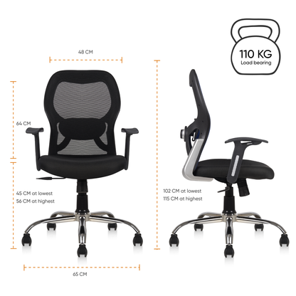 Matrix Mid Back Mesh Office Chair - Ergonomic with Fixed Armrest & Tilt Lock, Height Adjustable, 6 Months Warranty (Black)