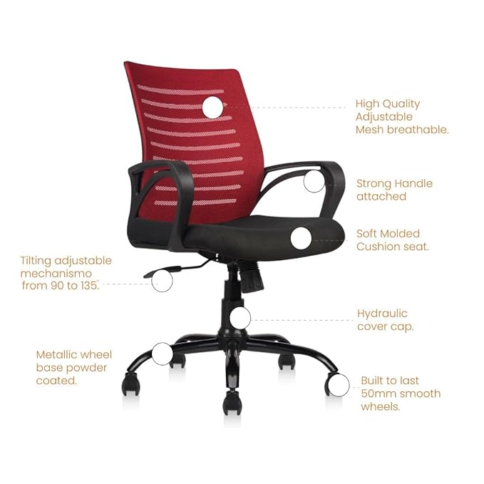 Mid Back Mesh Ergonomic Office Chair - RED features