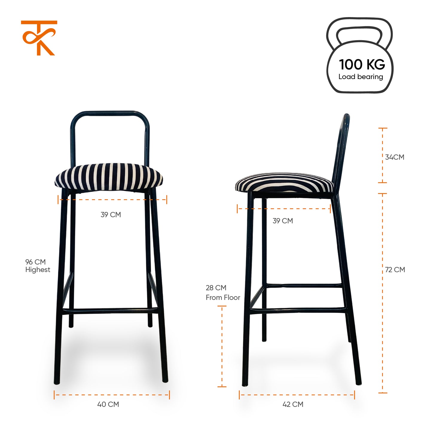 Zen Bar chair - Low Back Bar stool (Black & White Retro)
