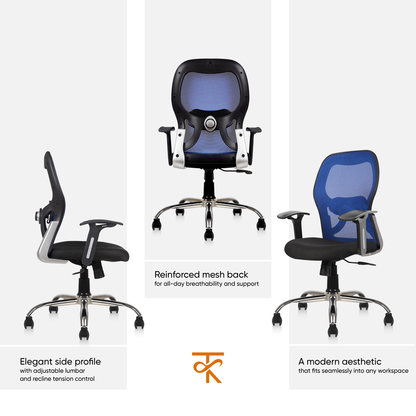 Matrix Mid Back Mesh Office Chair - Ergonomic with Fixed Armrest & Tilt Lock, Height Adjustable, 6 Months Warranty (Blue)