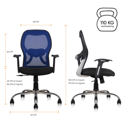 Matrix Mid Back Mesh Office Chair - Ergonomic with Fixed Armrest & Tilt Lock, Height Adjustable, 6 Months Warranty (Blue)