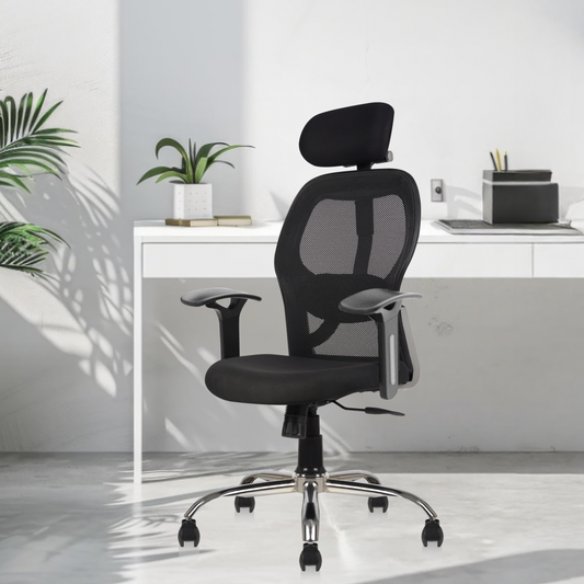 Matrix High Back Ergonomic Office Chair - Adjustable Lumbar Support & Headrest, Fixed Armrest, Breathable Mesh, 360° Swivel, Height/Tilt Adjustment (Black)