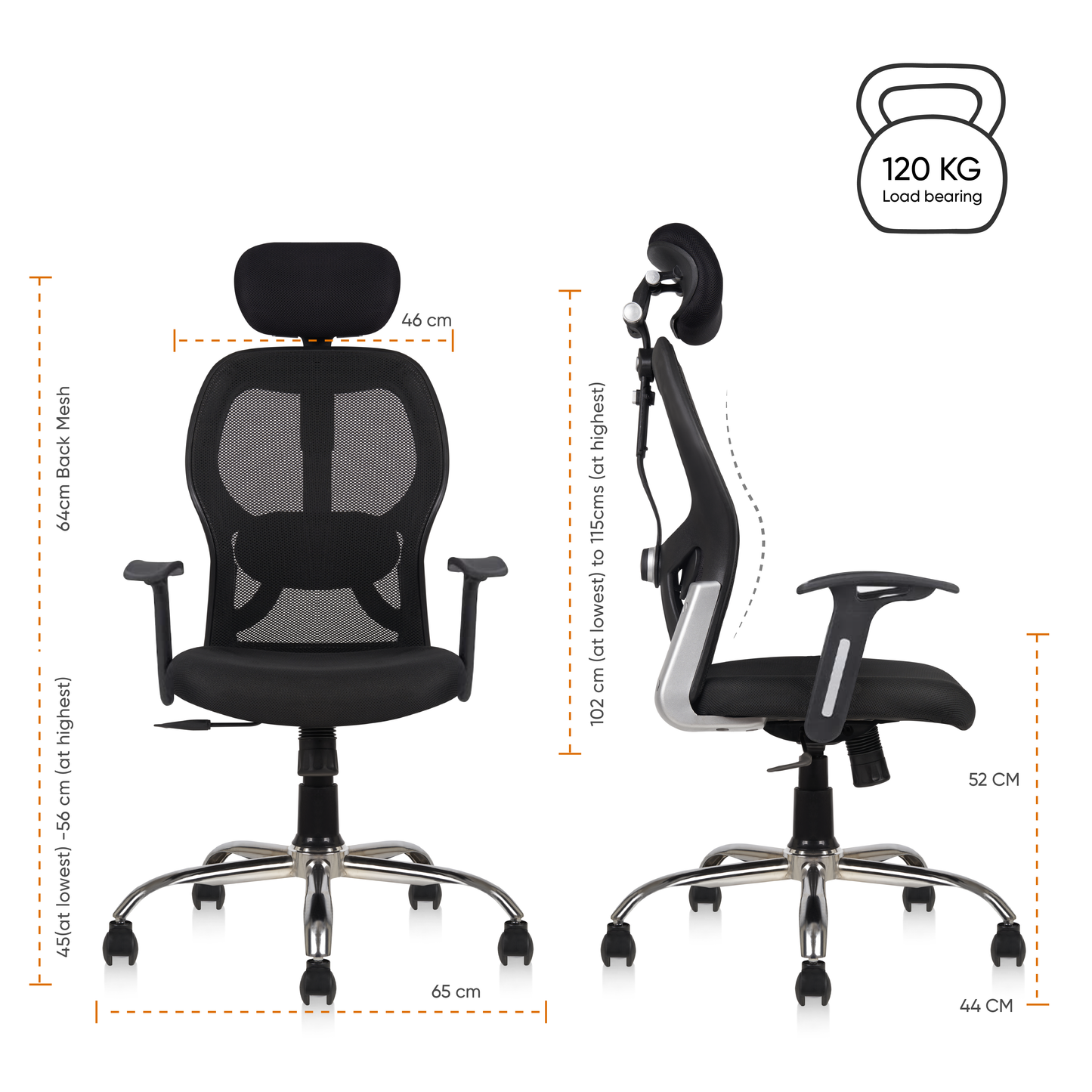 Matrix High Back Ergonomic Office Chair - Adjustable Lumbar Support & Headrest, Fixed Armrest, Breathable Mesh, 360° Swivel, Height/Tilt Adjustment (Black)