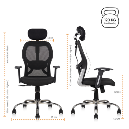 Matrix High Back Ergonomic Office Chair - Adjustable Lumbar Support & Headrest, Fixed Armrest, Breathable Mesh, 360° Swivel, Height/Tilt Adjustment (Black)