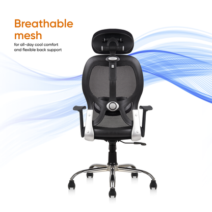 Matrix High Back Ergonomic Office Chair - Adjustable Lumbar Support & Headrest, Fixed Armrest, Breathable Mesh, 360° Swivel, Height/Tilt Adjustment (Black)